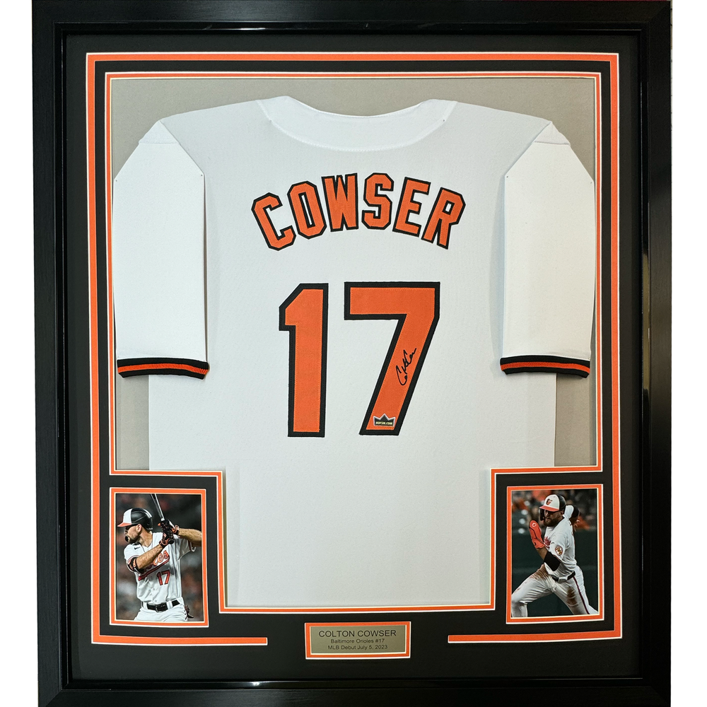 Framed Facsimile Autographed Colton Cowser 35x39 Baltimore White Reprint Laser Auto Baseball Jersey (ONLINE ORDER ONLY)