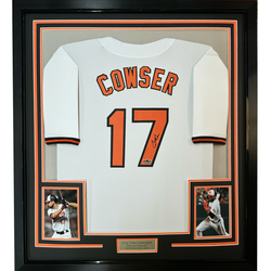 Framed Facsimile Autographed Colton Cowser 35x39 Baltimore White Reprint Laser Auto Baseball Jersey (ONLINE ORDER ONLY)