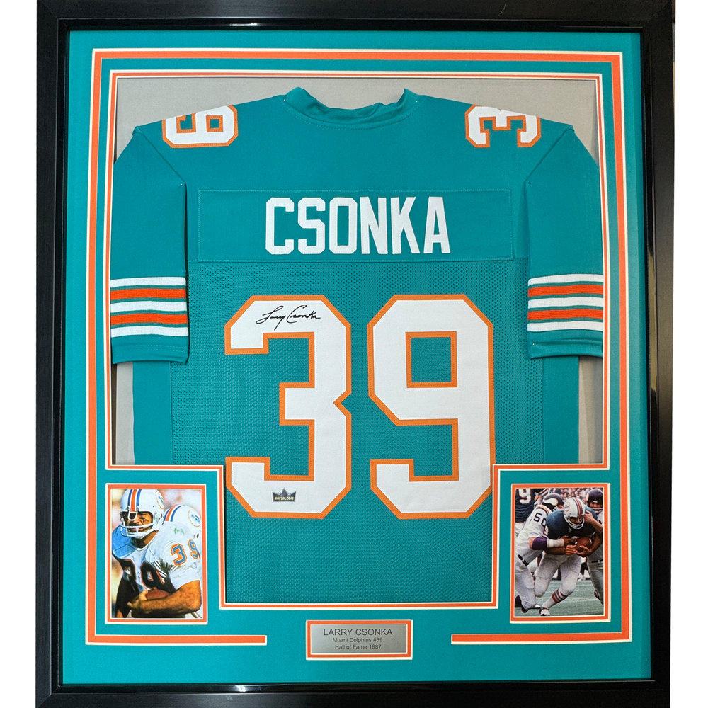Framed Facsimile Autographed Larry Csonka 35x39 Miami Teal Reprint Laser Auto Football Jersey (ONLINE ORDER ONLY)