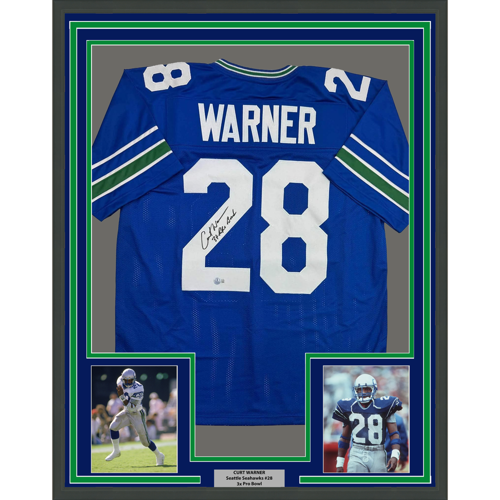 Framed Autographed/Signed Curt Warner 35x39 "3x Pro Bowl" Seattle Blue Retro Football Jersey Beckett BAS COA