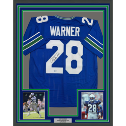 Framed Autographed/Signed Curt Warner 35x39 "3x Pro Bowl" Seattle Blue Retro Football Jersey Beckett BAS COA