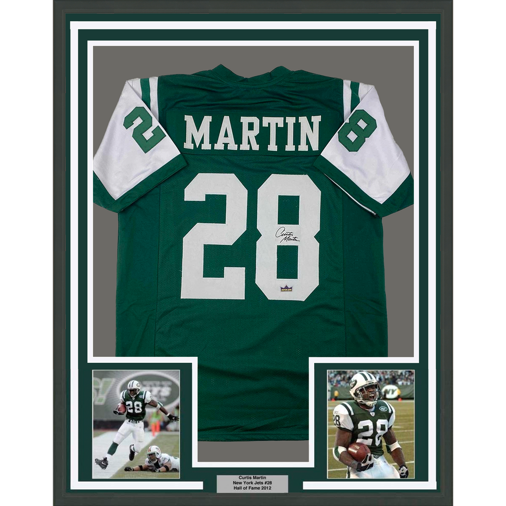 Framed Facsimile Autographed Curtis Martin 35x39 New York Green Reprint Laser Auto Football Jersey (ONLINE ORDER ONLY)