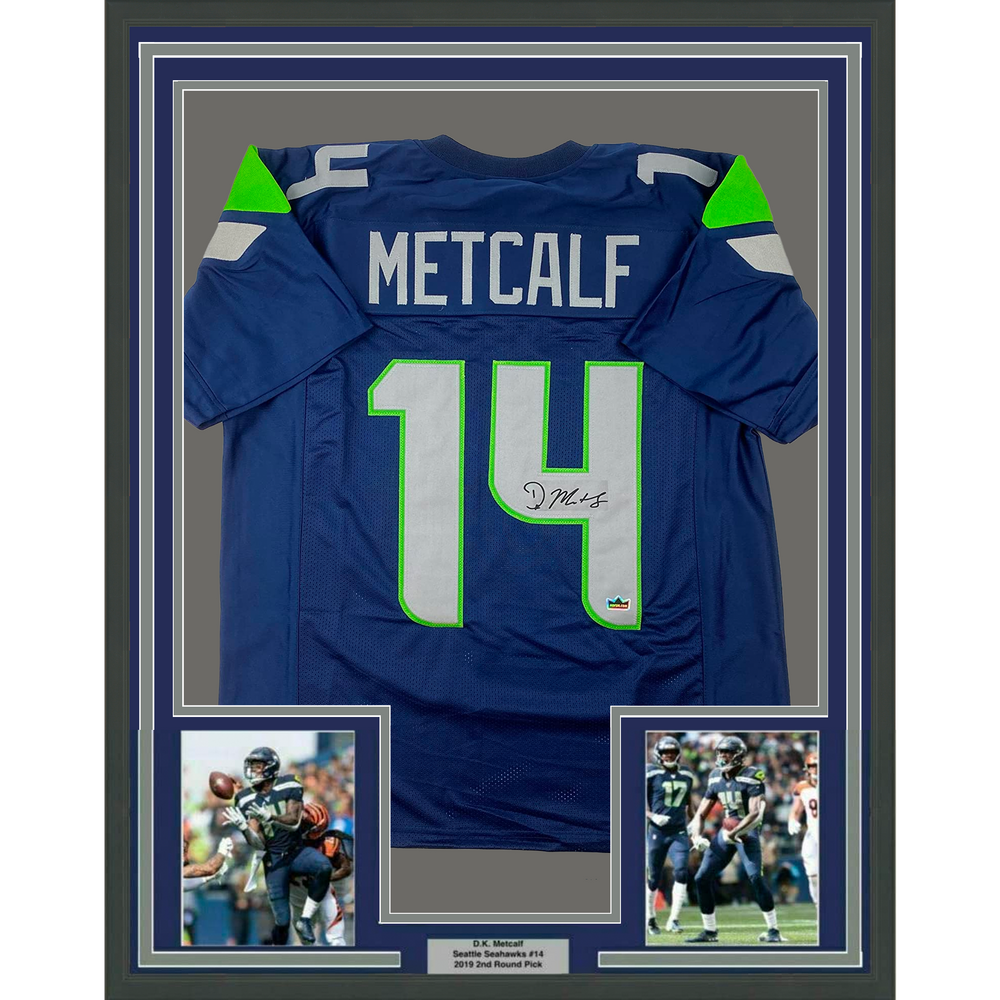 Framed Facsimile Autographed D.K. DK Metcalf 35x39 Seattle Blue Reprint Laser Auto Football Jersey Size Men's XL (ONLINE ORDER ONLY)