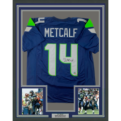 Framed Facsimile Autographed D.K. DK Metcalf 35x39 Seattle Blue Reprint Laser Auto Football Jersey Size Men's XL (ONLINE ORDER ONLY)