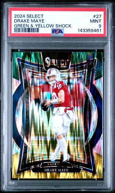 Graded 2024 Panini Select Drake Maye #27 Green & Yellow Shock Rookie RC Football Card PSA 9 Mint