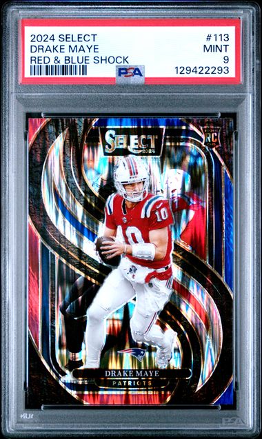 Graded 2024 Panini Select Drake Maye #113 Red & Blue Shock Rookie RC Football Card PSA 9 Mint