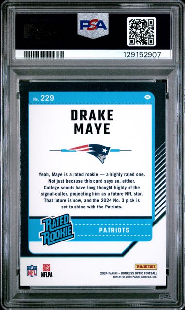 Graded 2024 Panini Donruss Optic Drake Maye #229 Rookie RC Football Card PSA 9 Mint (ONLINE ORDER ONLY)