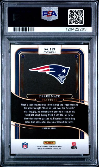 Graded 2024 Panini Select Drake Maye #113 Red & Blue Shock Rookie RC Football Card PSA 9 Mint