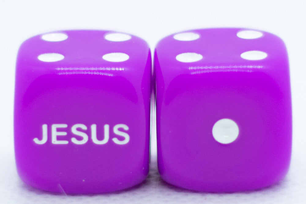 Purple 16mm d6 Dice Featuring 'JESUS' on the 6 side (sold per die) (Online Only)