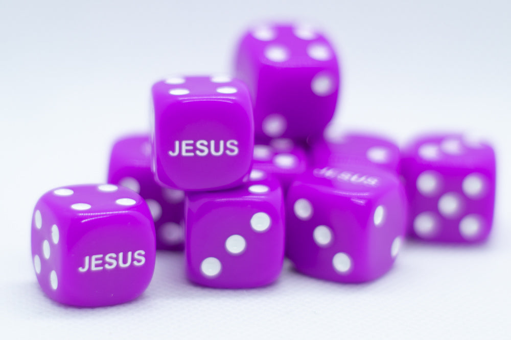 Purple 16mm d6 Dice Featuring 'JESUS' on the 6 side (sold per die) (Online Only)