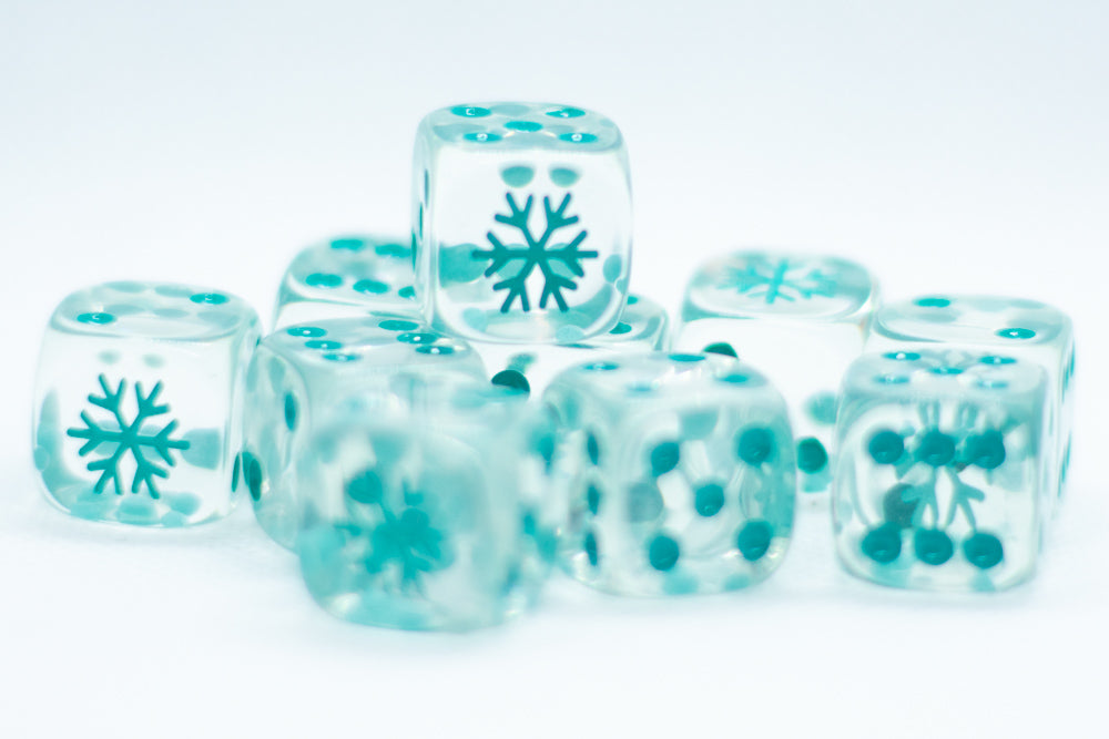 10-Pack Clear w/Teal 16mm d6 Dice Featuring a Snowflake on the '1' side (Online Only)