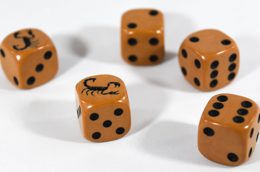 Brown Dice with Black Scorpions Dice 6 Sided Bunco RPG D6 16mm Roll (Online Only)