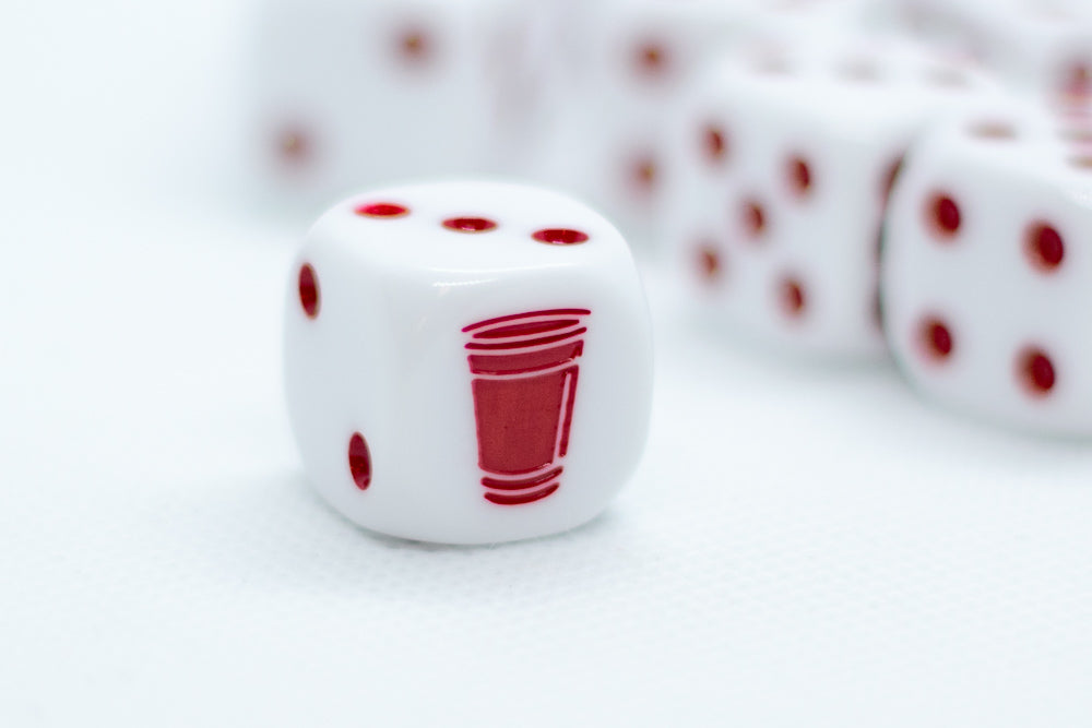 Opaque White w/Red 16mm d6 Dice Featuring a Red Cup on the '1' side (sold per die) (Online Only)