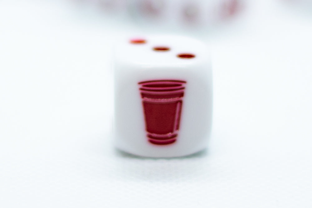 Opaque White w/Red 16mm d6 Dice Featuring a Red Cup on the '1' side (sold per die) (Online Only)