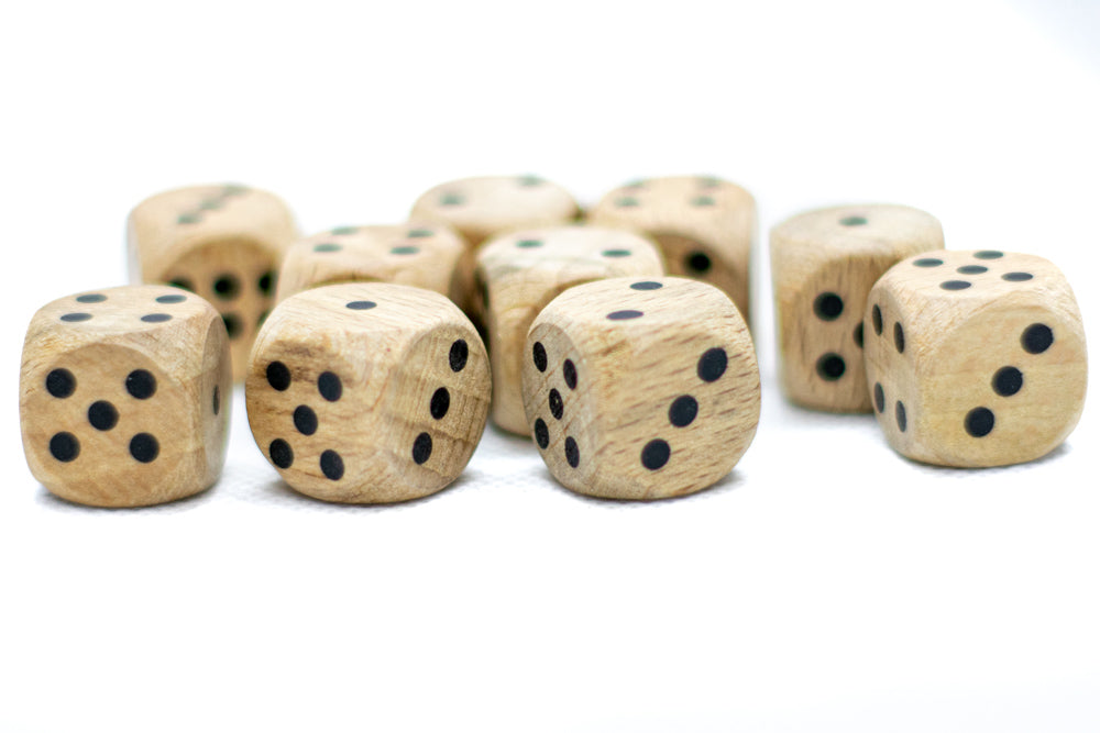 10-Pack Wooden 16mm d6 Dice w/ Black Dots Rounded Corners - Wood Dice (Online Only)
