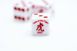 Year of the Tiger Opaque White w/Red 16mm d6 Dice on the '1' side (sold per die) (Online Only)