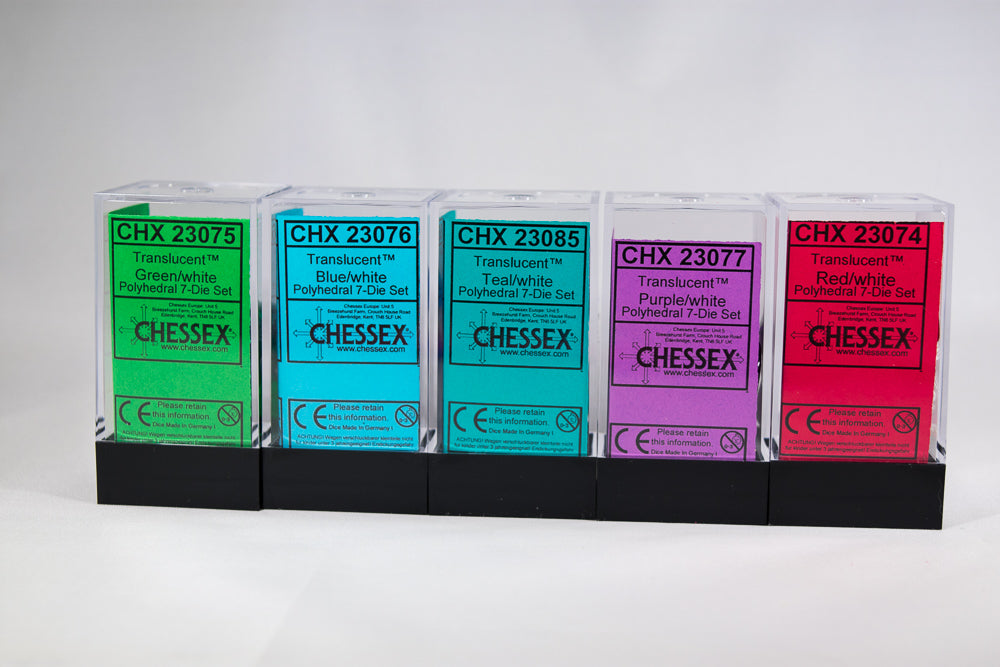 Translucent 7-Die Chessex Sets Made in Germany -Red, Blue, Green, Teal, Purple- (Online Only)