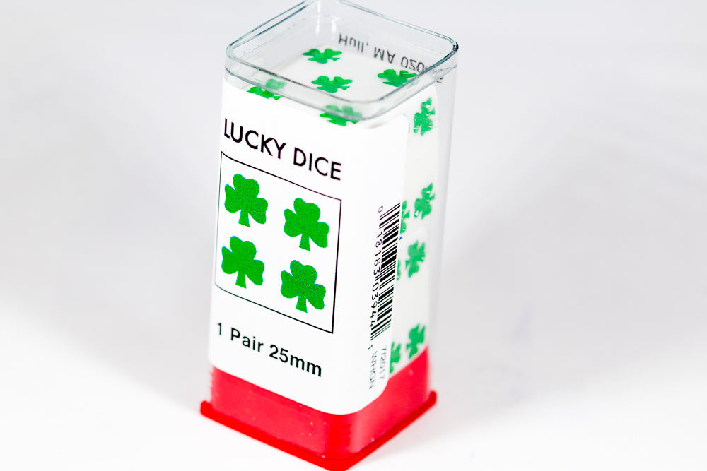 Lucky White Dice with Green Clovers Pair 25mm (Online Only)