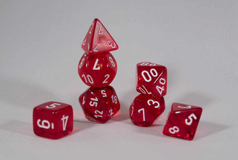 Translucent 7-Die Chessex Sets Made in Germany -Red, Blue, Green, Teal, Purple- (Online Only)