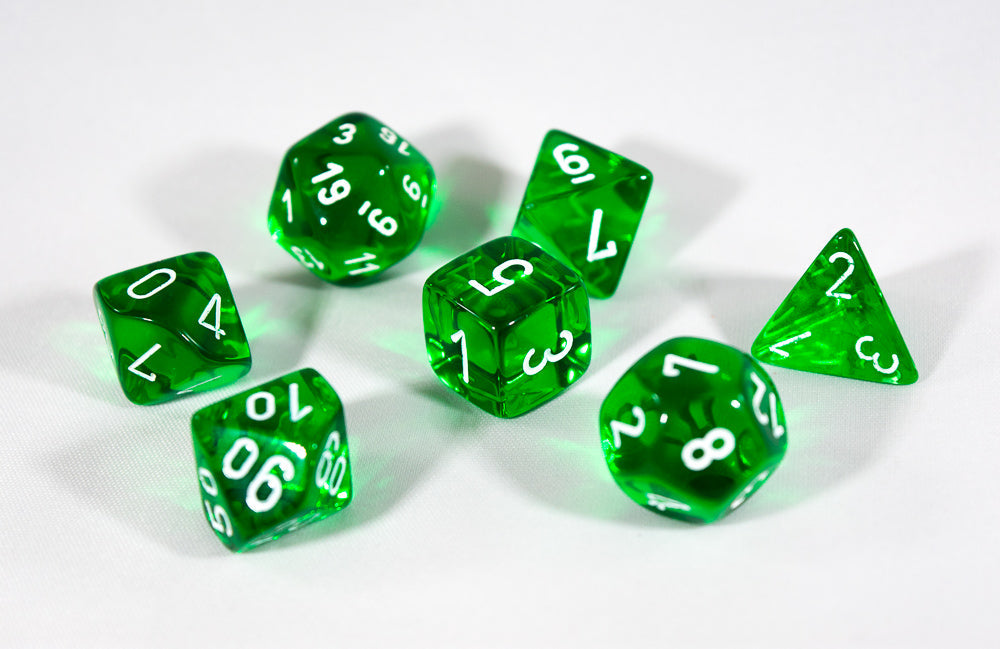 Translucent 7-Die Chessex Sets Made in Germany -Red, Blue, Green, Teal, Purple- (Online Only)
