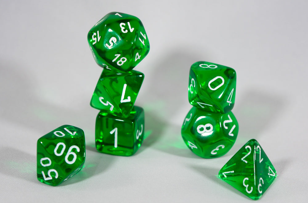 Translucent 7-Die Chessex Sets Made in Germany -Red, Blue, Green, Teal, Purple- (Online Only)