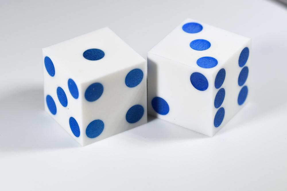 White Casino Dice w/ Blue Pips Rare 19mm Razor Edge (Online Only)