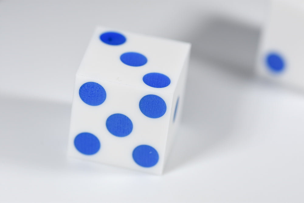 White Casino Dice w/ Blue Pips Rare 19mm Razor Edge (Online Only)