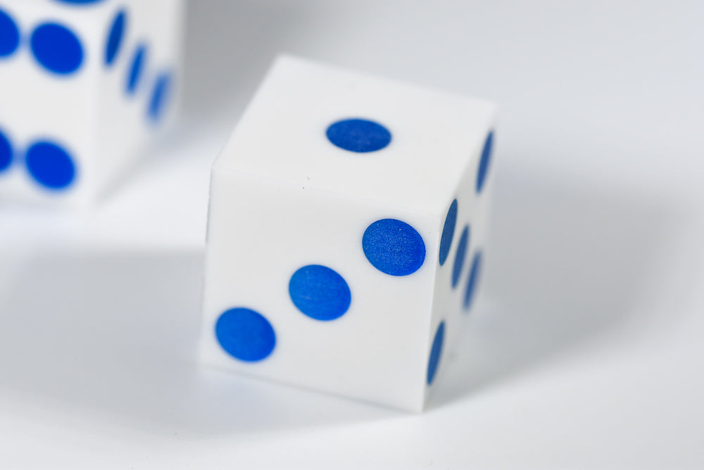 White Casino Dice w/ Blue Pips Rare 19mm Razor Edge (Online Only)