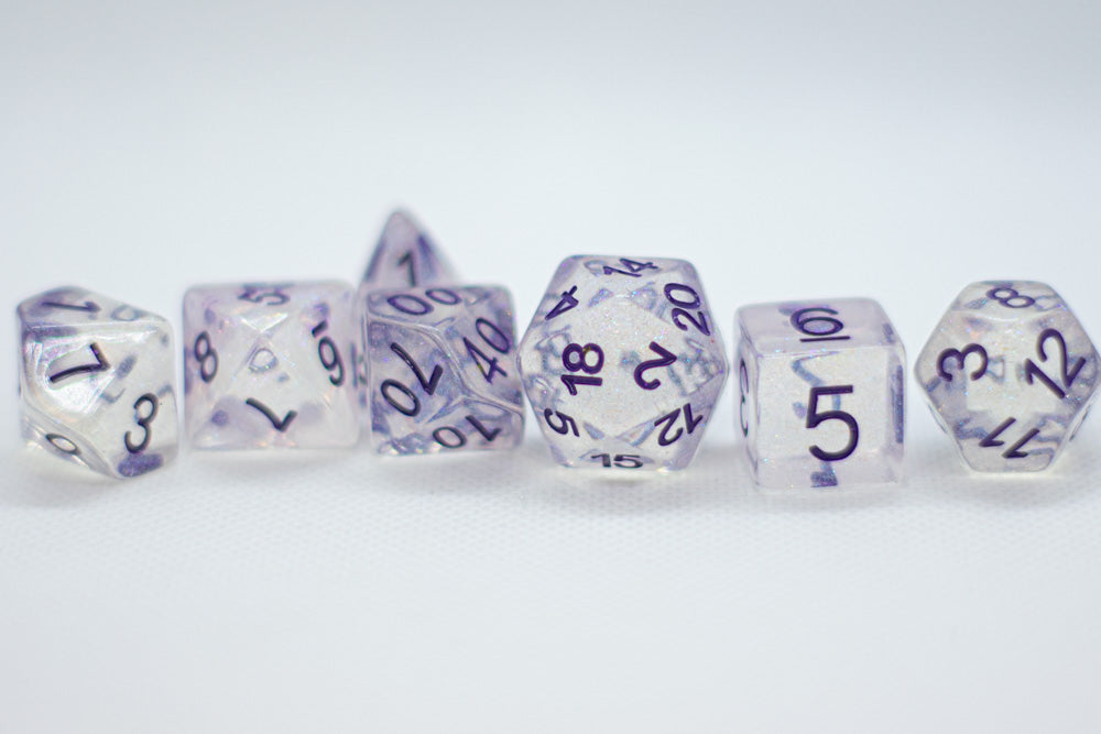The Time Walker | Clear/purple Glitter 7-Dice Set RPG Dice Set w/Purple (Online Only)