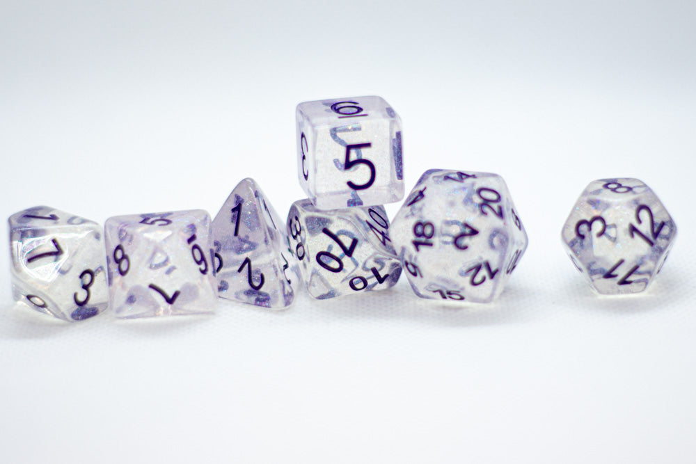 The Time Walker | Clear/purple Glitter 7-Dice Set RPG Dice Set w/Purple (Online Only)