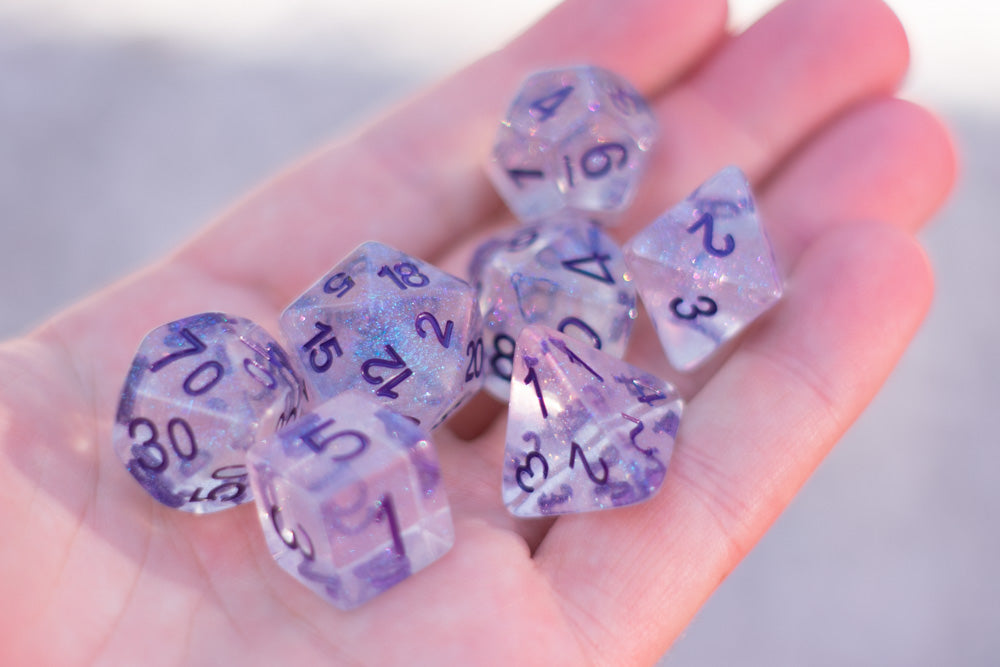The Time Walker | Clear/purple Glitter 7-Dice Set RPG Dice Set w/Purple (Online Only)