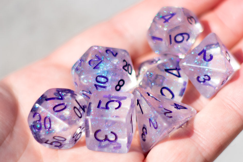 The Time Walker | Clear/purple Glitter 7-Dice Set RPG Dice Set w/Purple (Online Only)