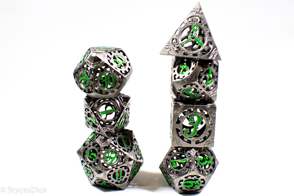 Gun Metal Hollow Gear Dice with Green Numbers 7-Dice Set (Online Only)