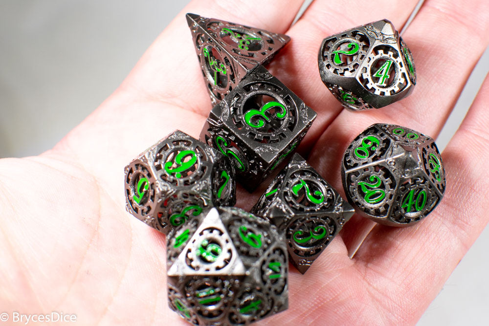 Gun Metal Hollow Gear Dice with Green Numbers 7-Dice Set (Online Only)