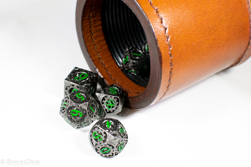 Gun Metal Hollow Gear Dice with Green Numbers 7-Dice Set (Online Only)
