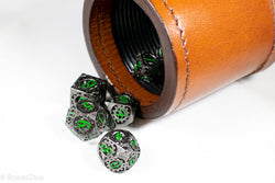 Gun Metal Hollow Gear Dice with Green Numbers 7-Dice Set (Online Only)