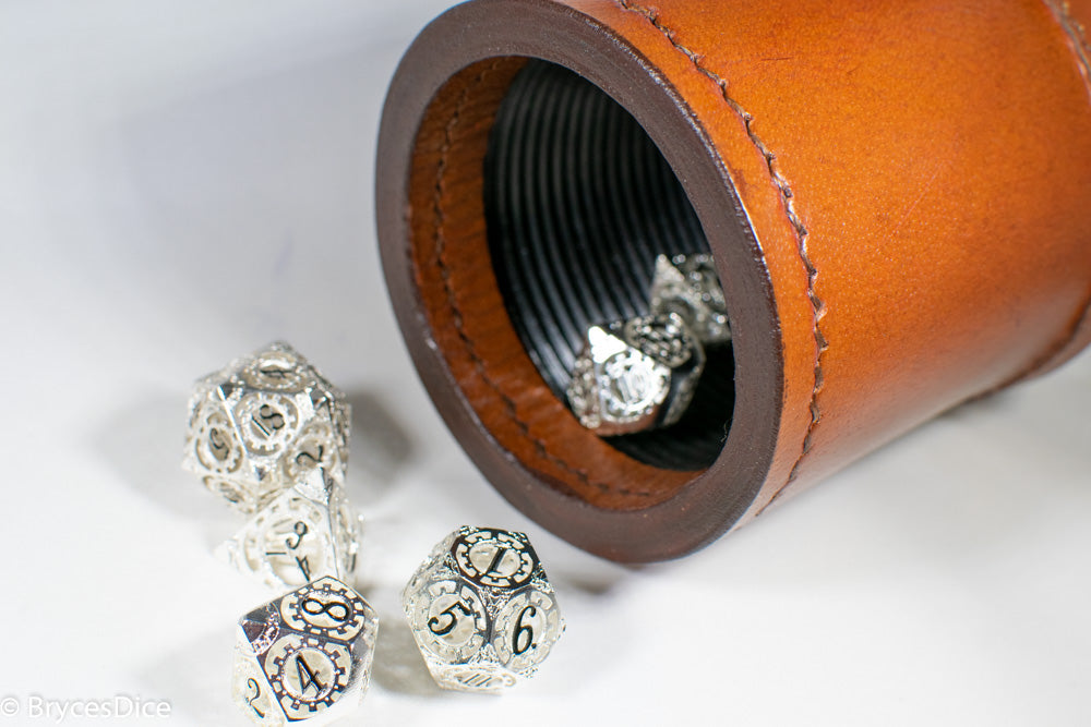 Silver Metal Hollow Gear Dice with Black Numbers 7-Dice Set (Online Only)