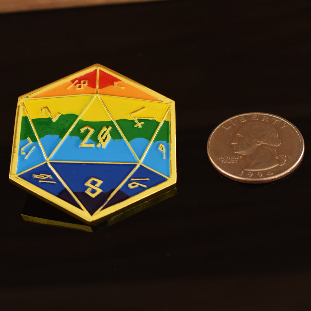 Pride and Gold Rainbow D20 Pin (Large) (ONLINE ORDER ONLY)