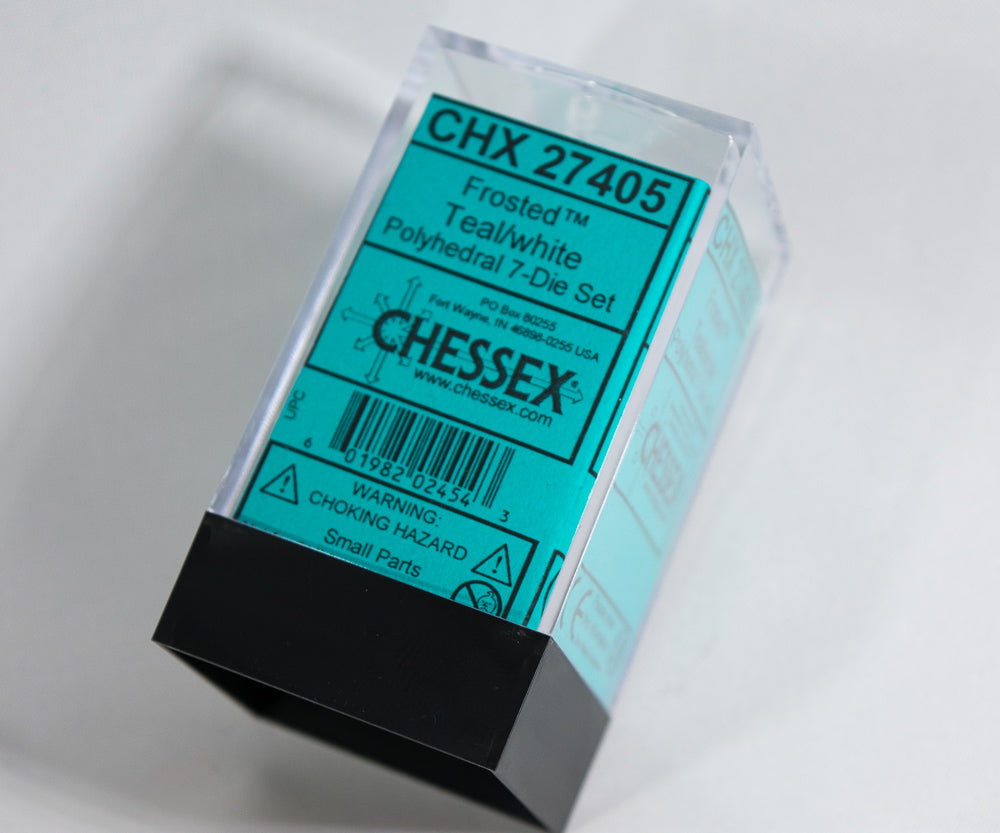 Chessex Polyhedral 7 Die Frosted Teal w/ White Numbers Set Of 7 Dice CHX 27405 (Online Only)