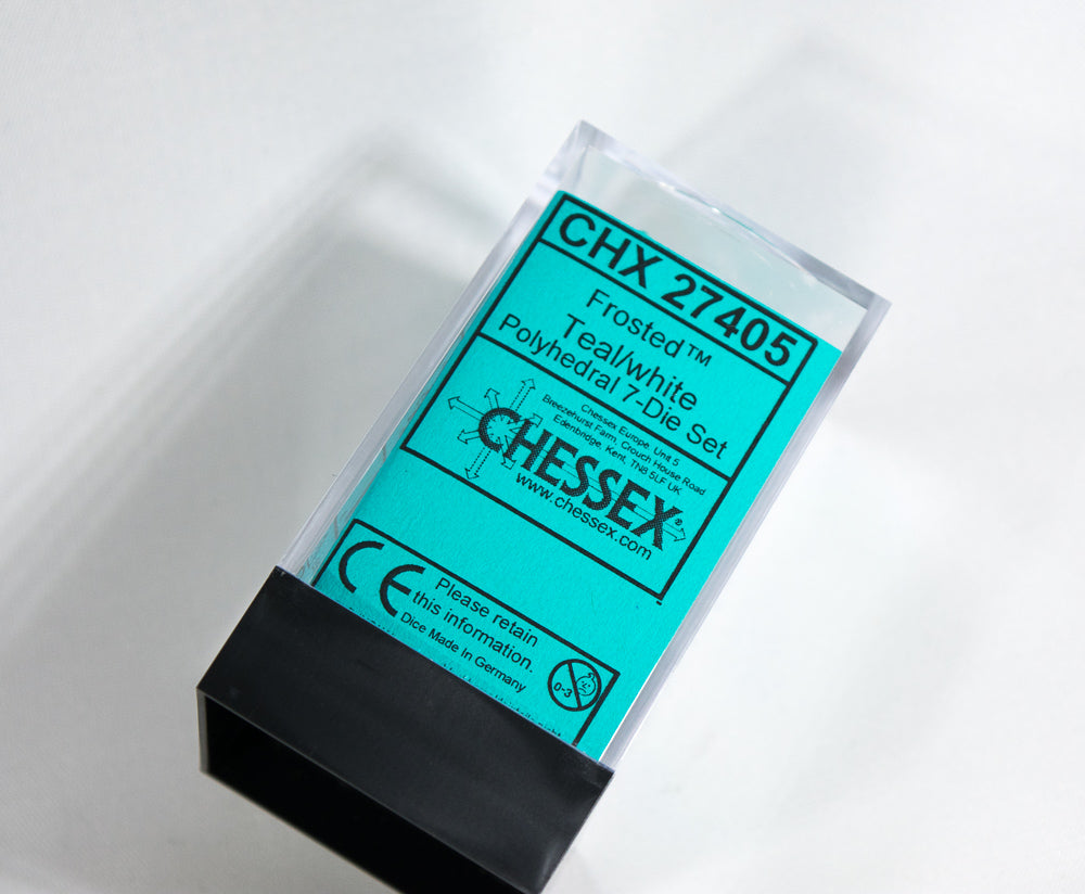 Chessex Polyhedral 7 Die Frosted Teal w/ White Numbers Set Of 7 Dice CHX 27405 (Online Only)