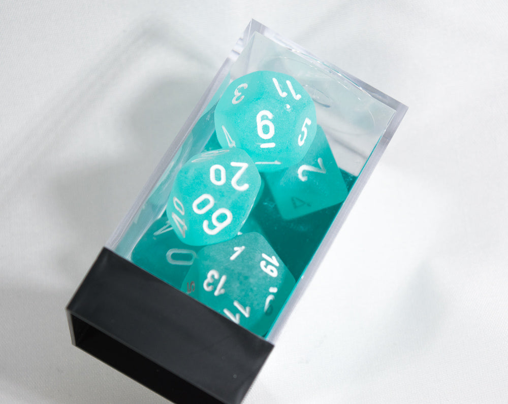Chessex Polyhedral 7 Die Frosted Teal w/ White Numbers Set Of 7 Dice CHX 27405 (Online Only)