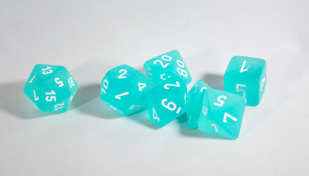 Chessex Polyhedral 7 Die Frosted Teal w/ White Numbers Set Of 7 Dice CHX 27405 (Online Only)