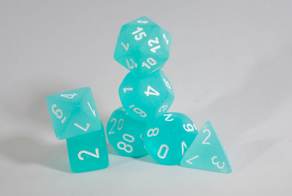 Chessex Polyhedral 7 Die Frosted Teal w/ White Numbers Set Of 7 Dice CHX 27405 (Online Only)