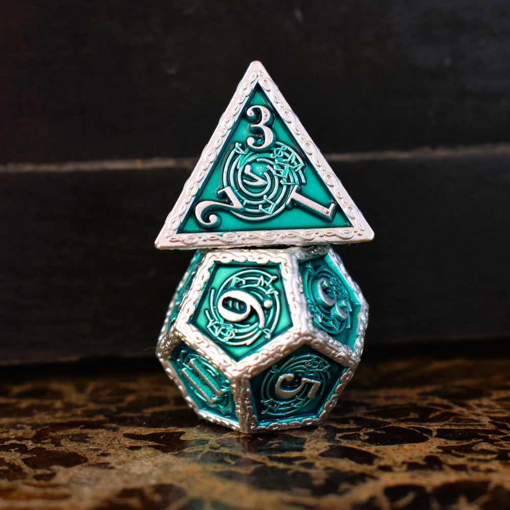 Ballad of the Bard Green and Silver Metal Dice Set (ONLINE ORDER ONLY)