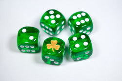 Gold Shamrock Translucent Green Die 16mm D6 Chessex Dice w/White Pips | Sold per die (Online Only)