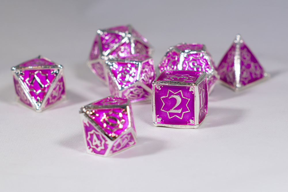Pretty Paladin 7-Dice Metal Set Silver w/ Pink Fuschia Fill {North Star Dice Collection} (Online Only)