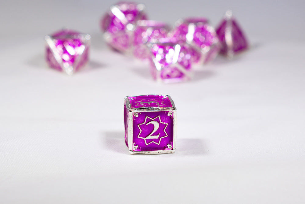 Pretty Paladin 7-Dice Metal Set Silver w/ Pink Fuschia Fill {North Star Dice Collection} (Online Only)