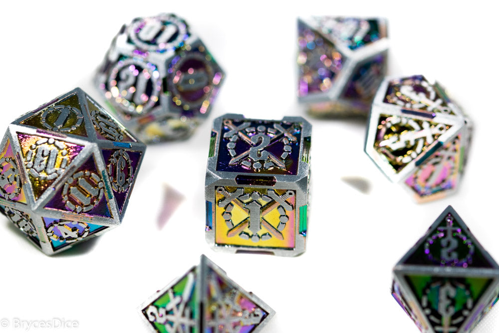 Silver w/Rainbow Inlay Sword Strengthened Metal 7-Dice Set (Online Only)
