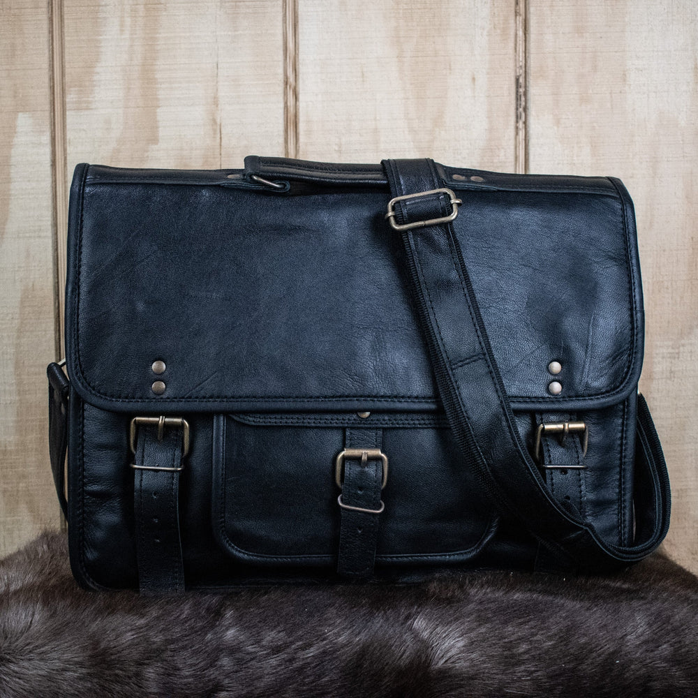 "The Adventurer" Leather Laptop Bag - Large (Black) (ONLINE ORDER ONLY)