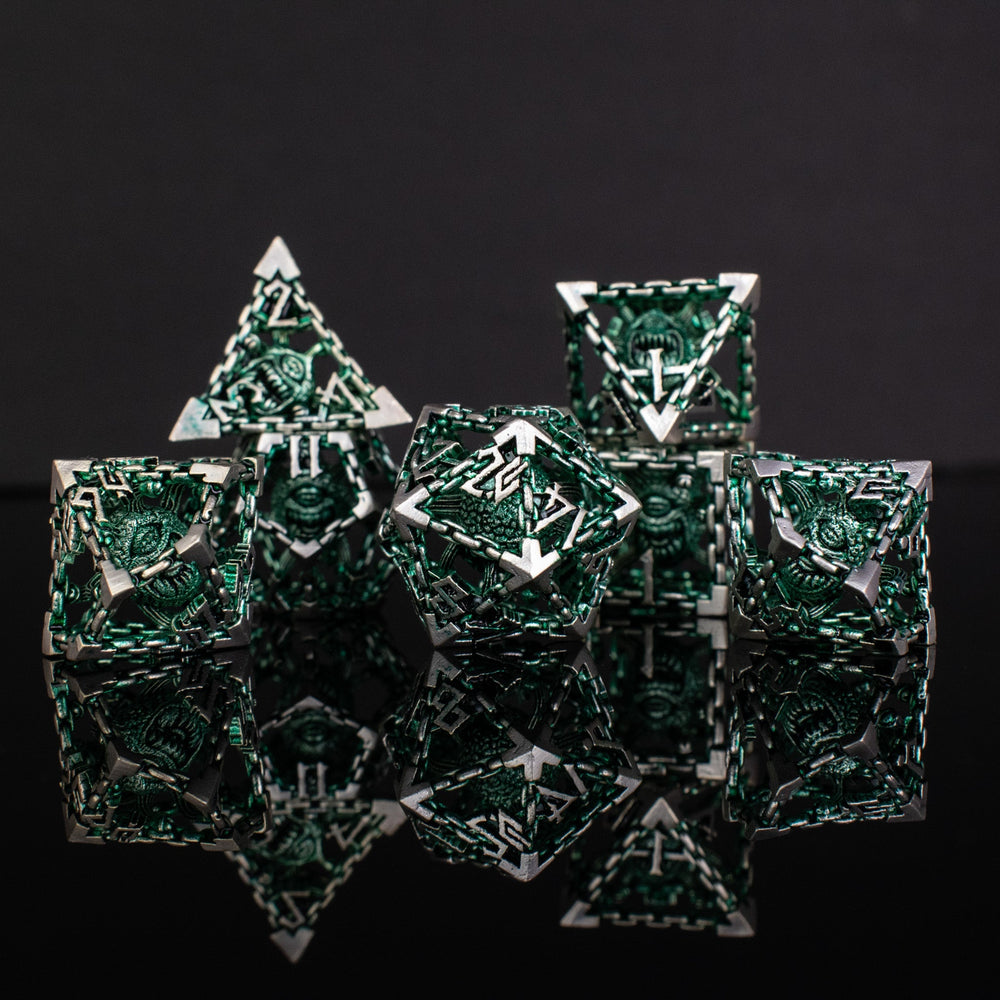 Beholder's Gates Hollow Metal Dice Set - Green and Silver (ONLINE ORDER ONLY)